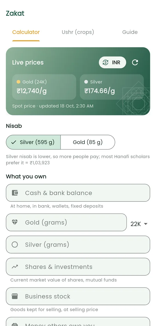Zakat calculator with live gold and silver prices
